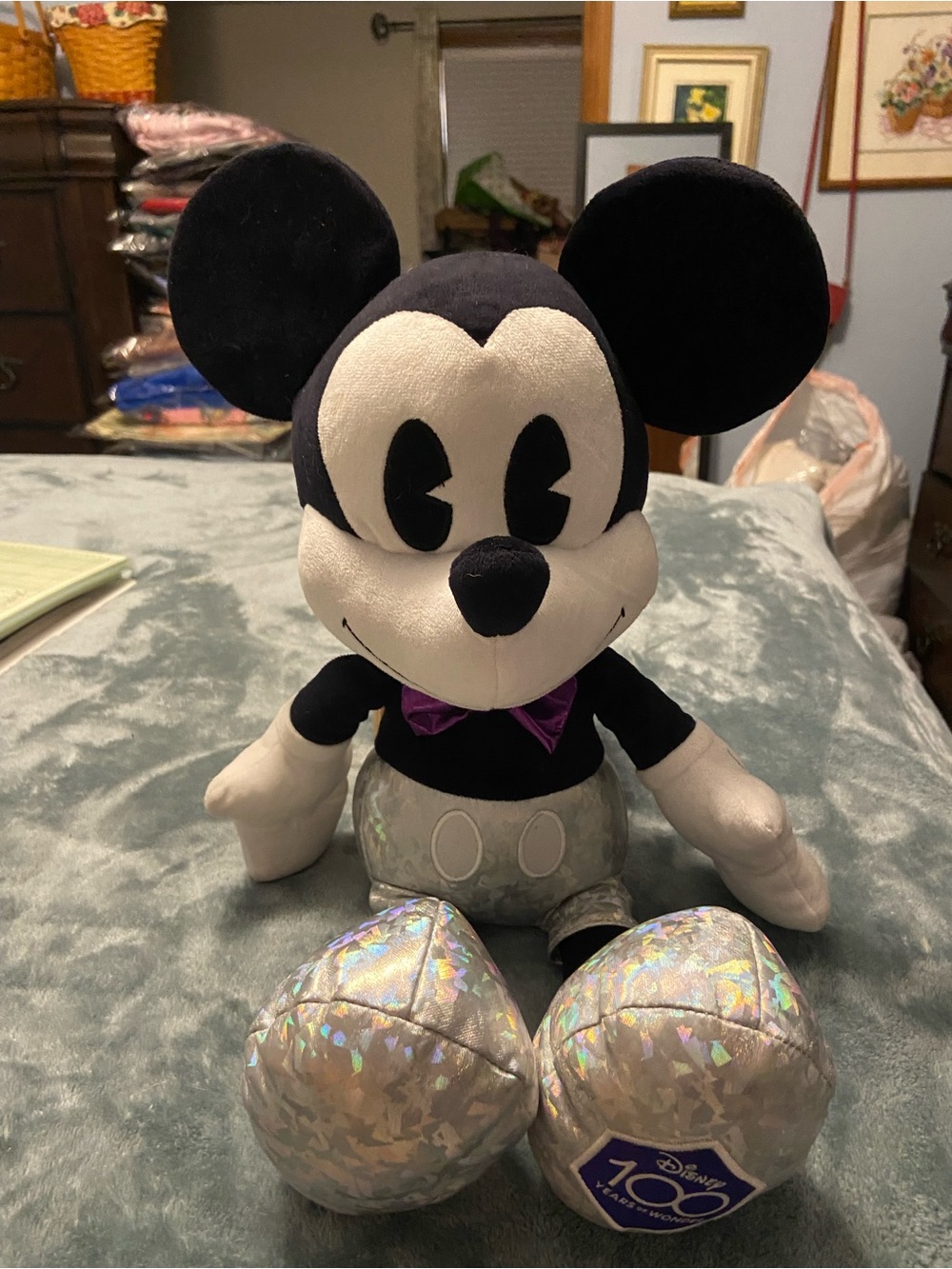 Disney Black, White & Purple Mickey Mouse Plush with Holographic Silver Feet